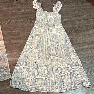 THML Cream Maxi Dress with Navy Geometric Print and Ruffle Straps